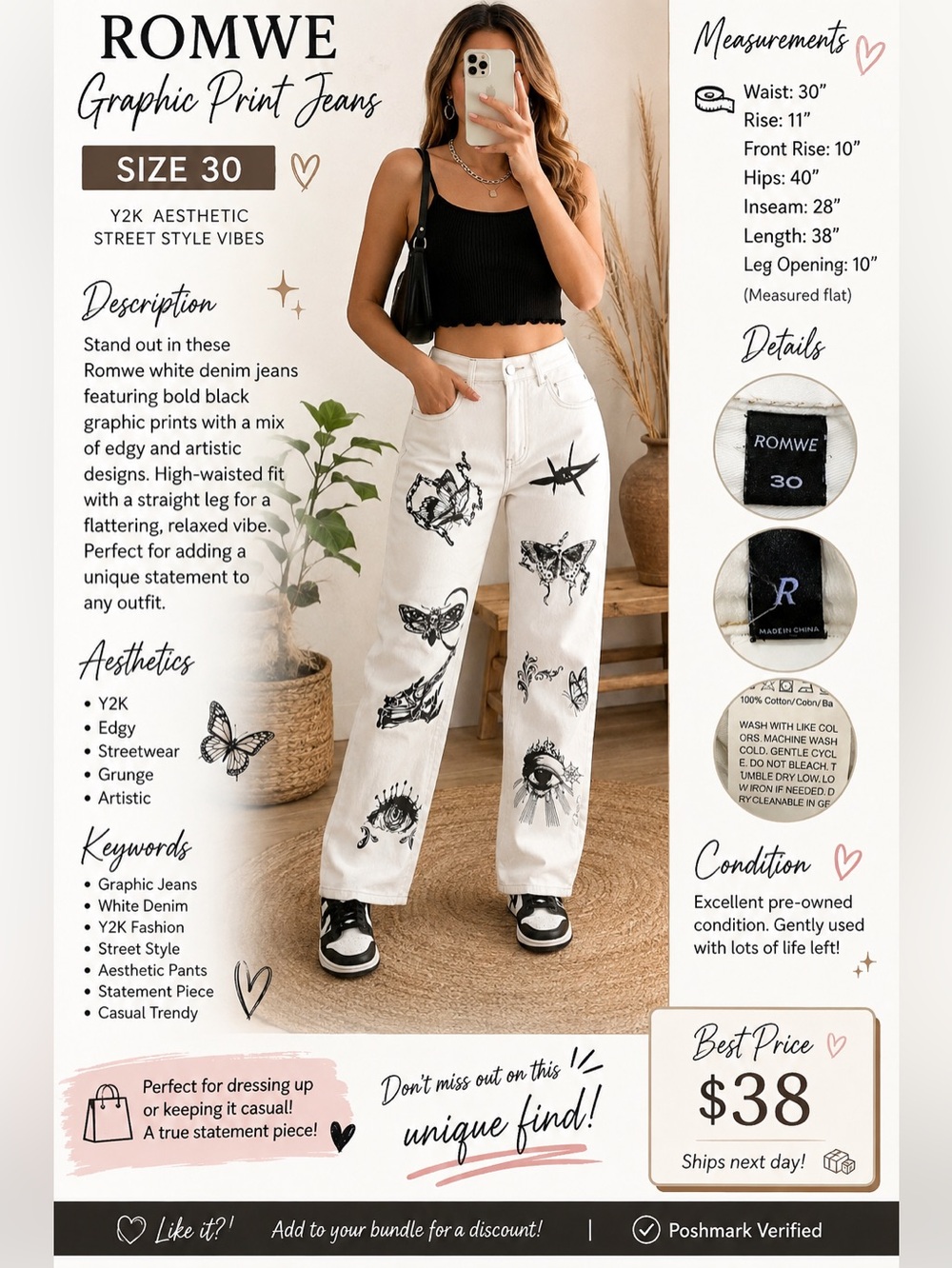 White Graphic Butterfly & Tattoo Print bootcut/wide leg Jeans